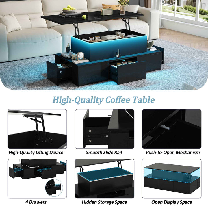 Lift top black high gloss coffee table with 4 drawers and LED lighting INFINITECASCADEE