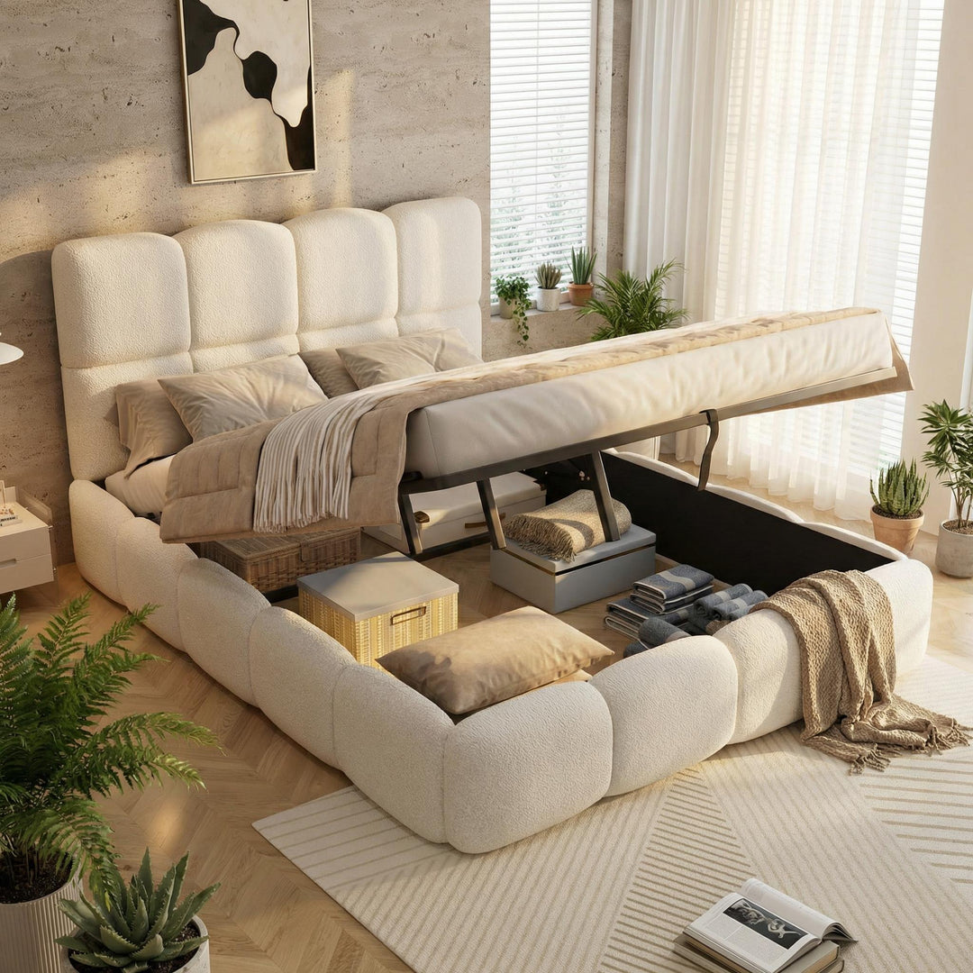 Beige velvet upholstered double ottoman bed 135x190cm QUANTAESIA