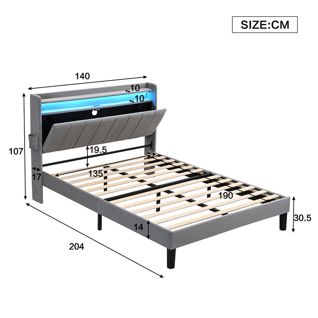 Upholstered velvet grey double bed with storage headboard, LED lighting and charging ports 135x190cm FIRNSNOW UK