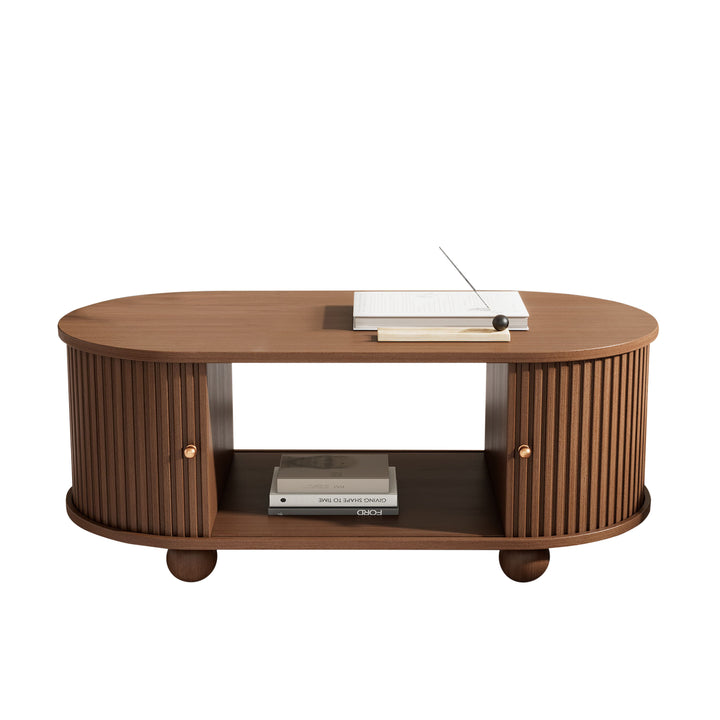 Retro wooden look oval coffee table with 2 sliding storage doors CUNEIFORMWEDGE