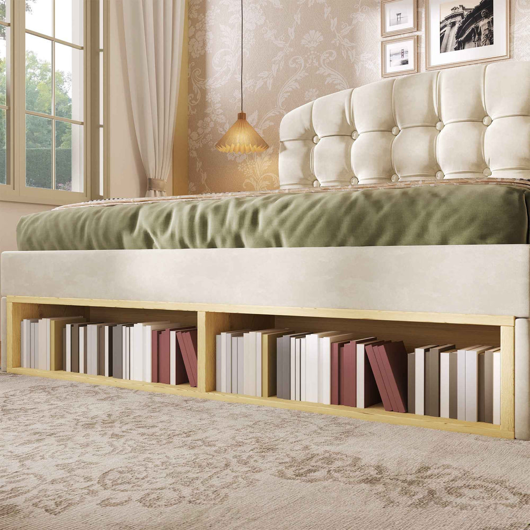 Double Bed Frame with Storage Drawers Velvet Upholstered, 135x190cm, Beige, No Mattress BEDRESIN