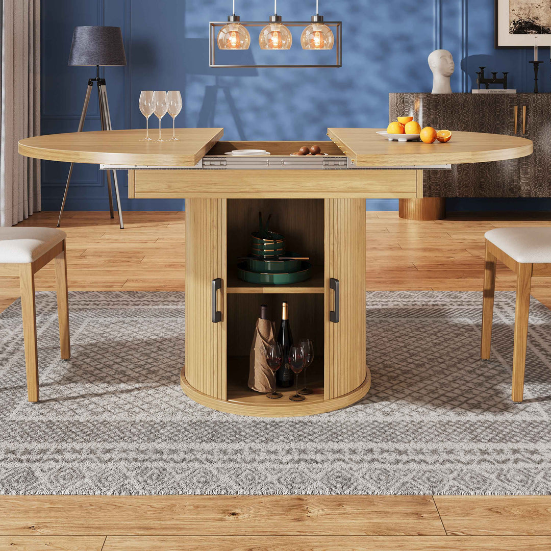 Extendable natural wooden look dining table round to oval 118–158cm INFINITEQUASI