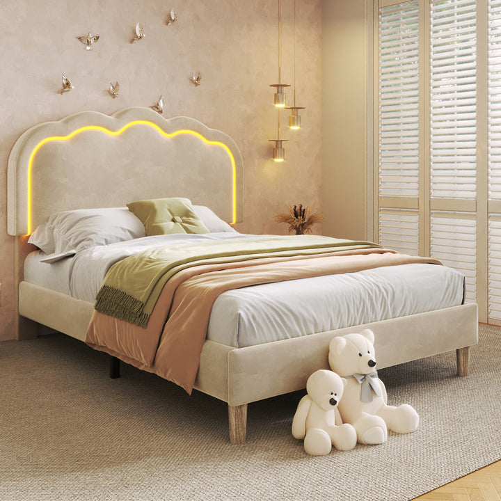 Beige velvet upholstered divan bed frame with LED, headboard height adjustable INDROX BEIGE UK
