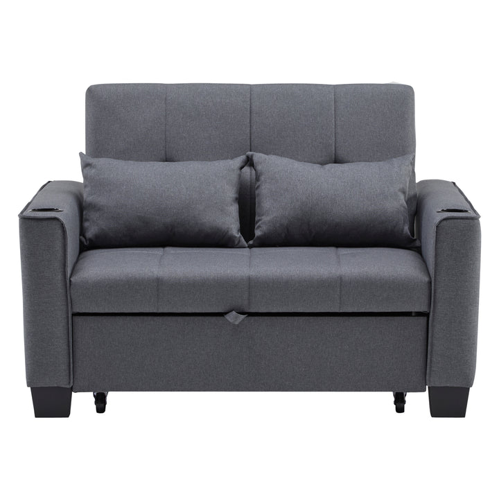Gray fabric convertible 2-seater sofa bed pull-out design, adjustable backrest, and storage FROSTSTONE