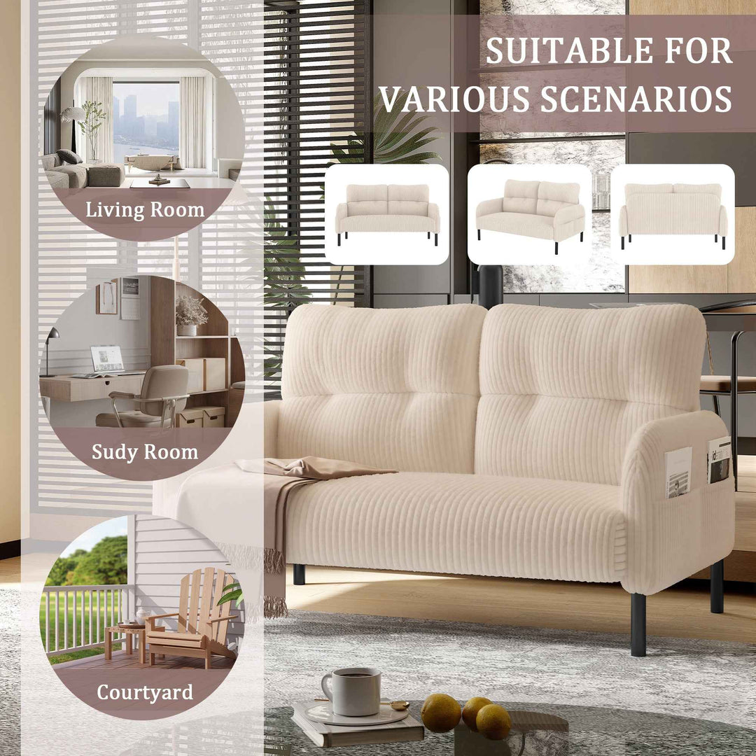 00+Loveseat Sofa Corduroy Fabric Beige 2 Seater, High Rebound Spring, for Living Room & Bedroom NOVAITY