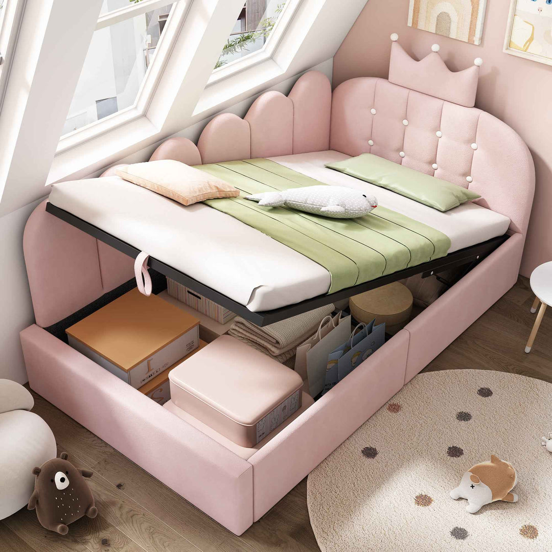 Daybed Single 3FT Upholstered Velvet Pink with Hydraulic Storage, Crown Design, 90x190cm, Sofa Bed for Kids & Adults, Space Saving Guest Bed (No Mattress)