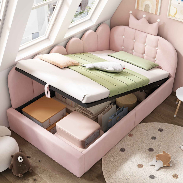 Daybed Single 3FT Upholstered Velvet Pink with Hydraulic Storage, Crown Design, 90x190cm, Sofa Bed for Kids & Adults, Space Saving Guest Bed (No Mattress)