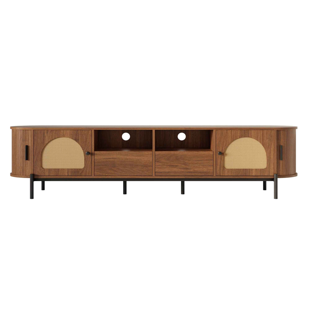 Vintage walnut TV cabinet with rattan doors drawers open storage RACKFLEX