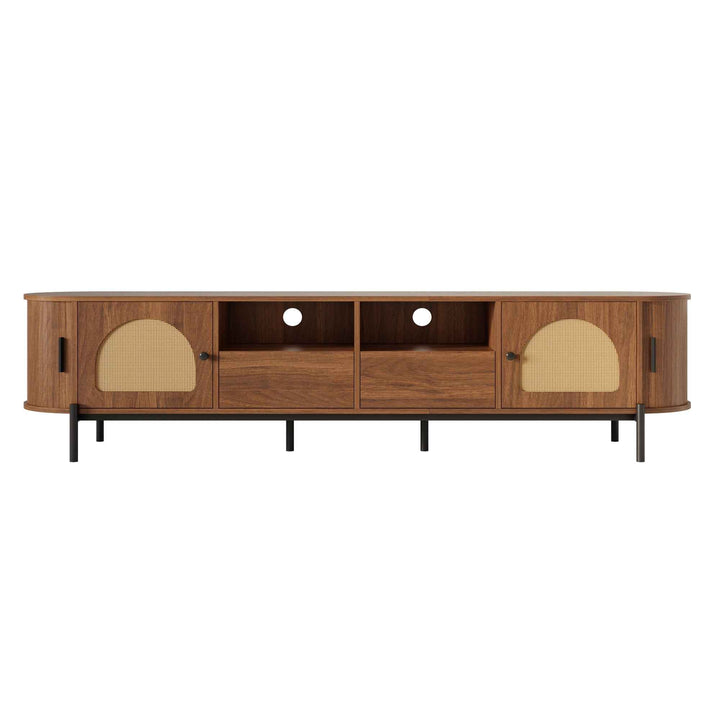 Vintage walnut TV cabinet with rattan doors drawers open storage RACKFLEX