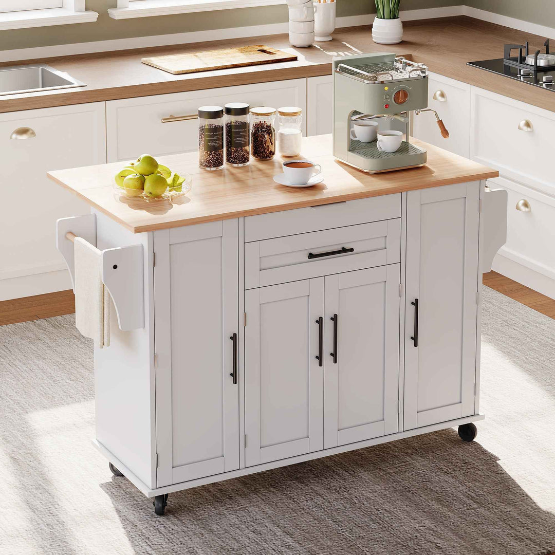 00+Kitchen Island on Wheels, White & Natural MDF, Foldable Tabletop, Adjustable Shelves, Storage Cabinets Rolling Trolley for Dining Room VERTEXZYR