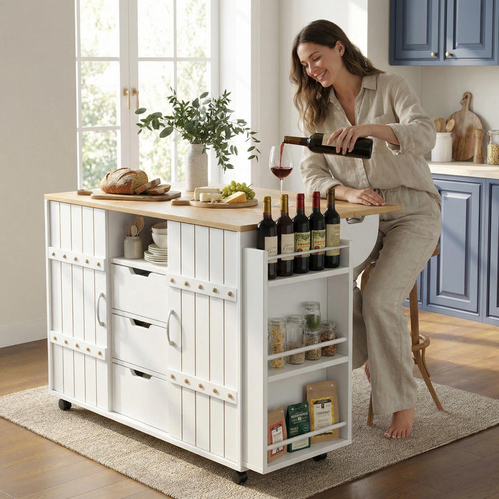White wooden kitchen island trolley with sliding doors and fold-out worktop ASCENDAL