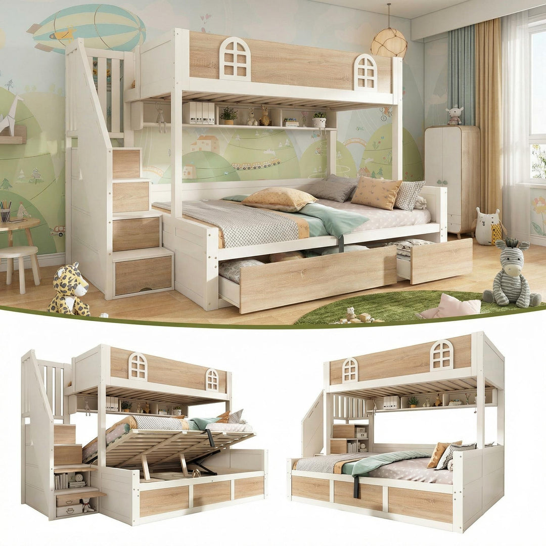 White wooden bunk beds with staircase and storage 90x190cm +135x190cm FOCUSIAL