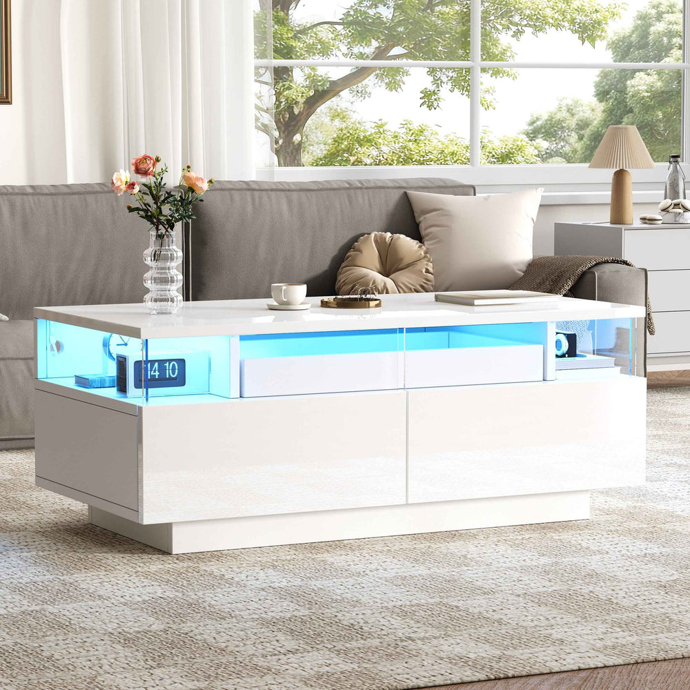 White high gloss coffee table with LED lights, 2 drawers, pull-out tray FLAREVORNAX