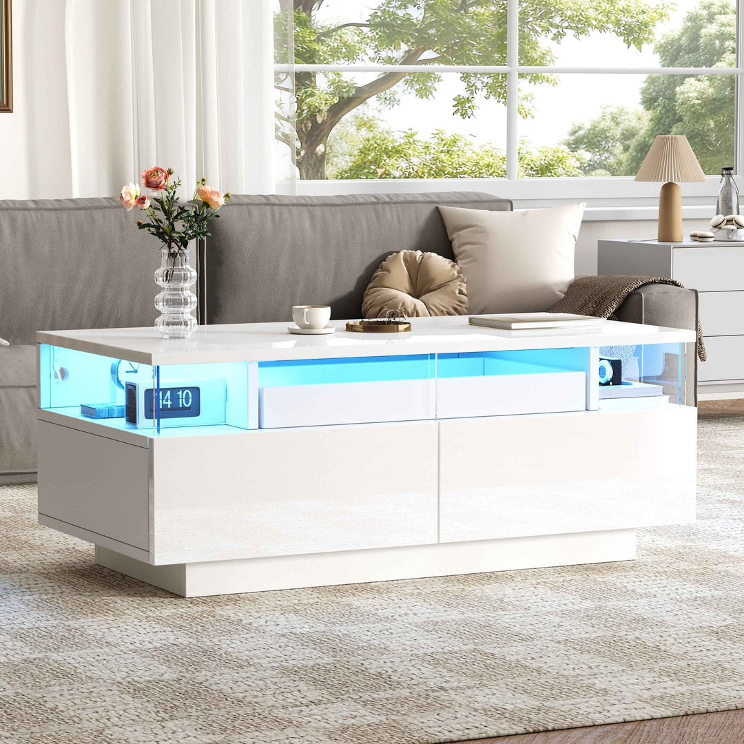 White high gloss coffee table with LED lights, 2 drawers, pull-out tray FLAREVORNAX