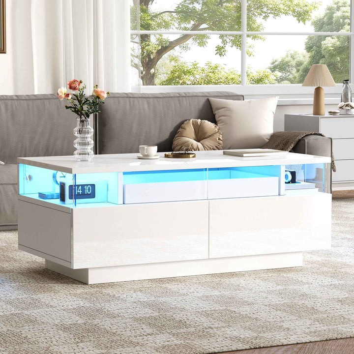 White high gloss coffee table with LED lights, 2 drawers, pull-out tray FLAREVORNAX