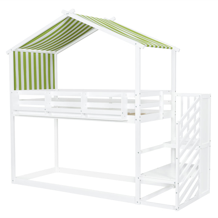 Kids Bunk Bed White green pinewood with staircase 90x190cm ASCENDOLOGY