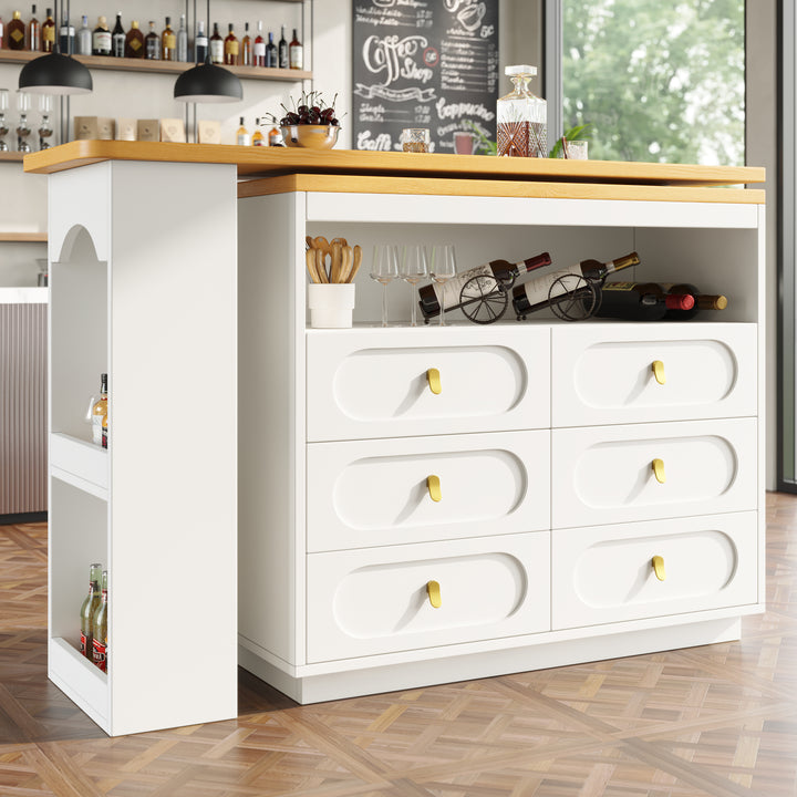 White 360° rotating extendable bar table with 6-drawer storage SYCAMOREBALL