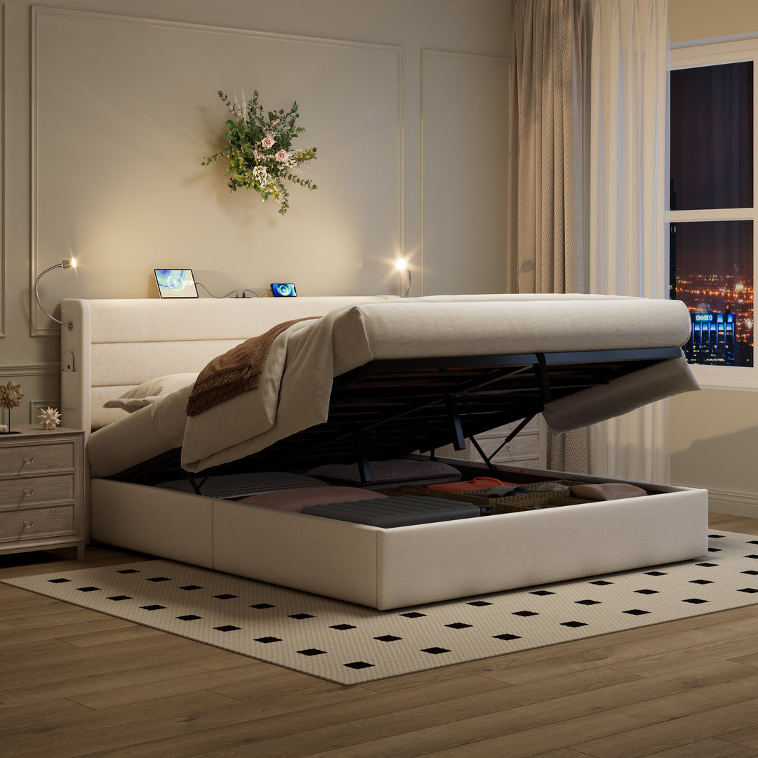 Beige linen upholstered king size divan bed with storage, lampe and charging station 150x200cm GRANULE UK