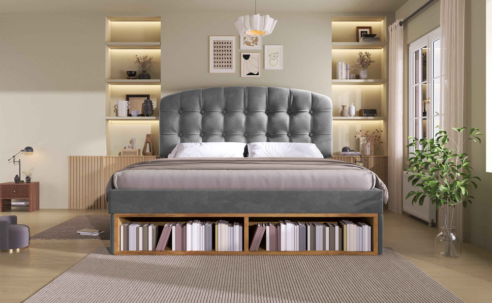 Double Bed Frame with Storage Drawers, Adjustable Headboard, 4ft6, Velvet Upholstered, Grey, 135x190cm, Space-Saving Design for Bedroom