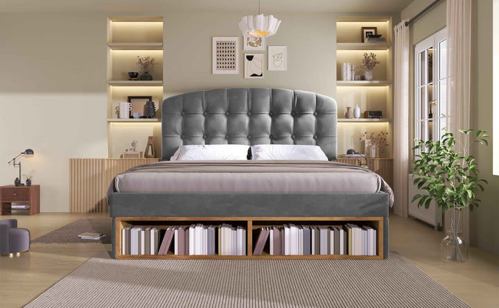 King Size Upholstered Bed Frame with Storage Drawers, Adjustable Velvet Headboard, Grey, 150x200cm, Space-Saving Modern Design for Bedroom