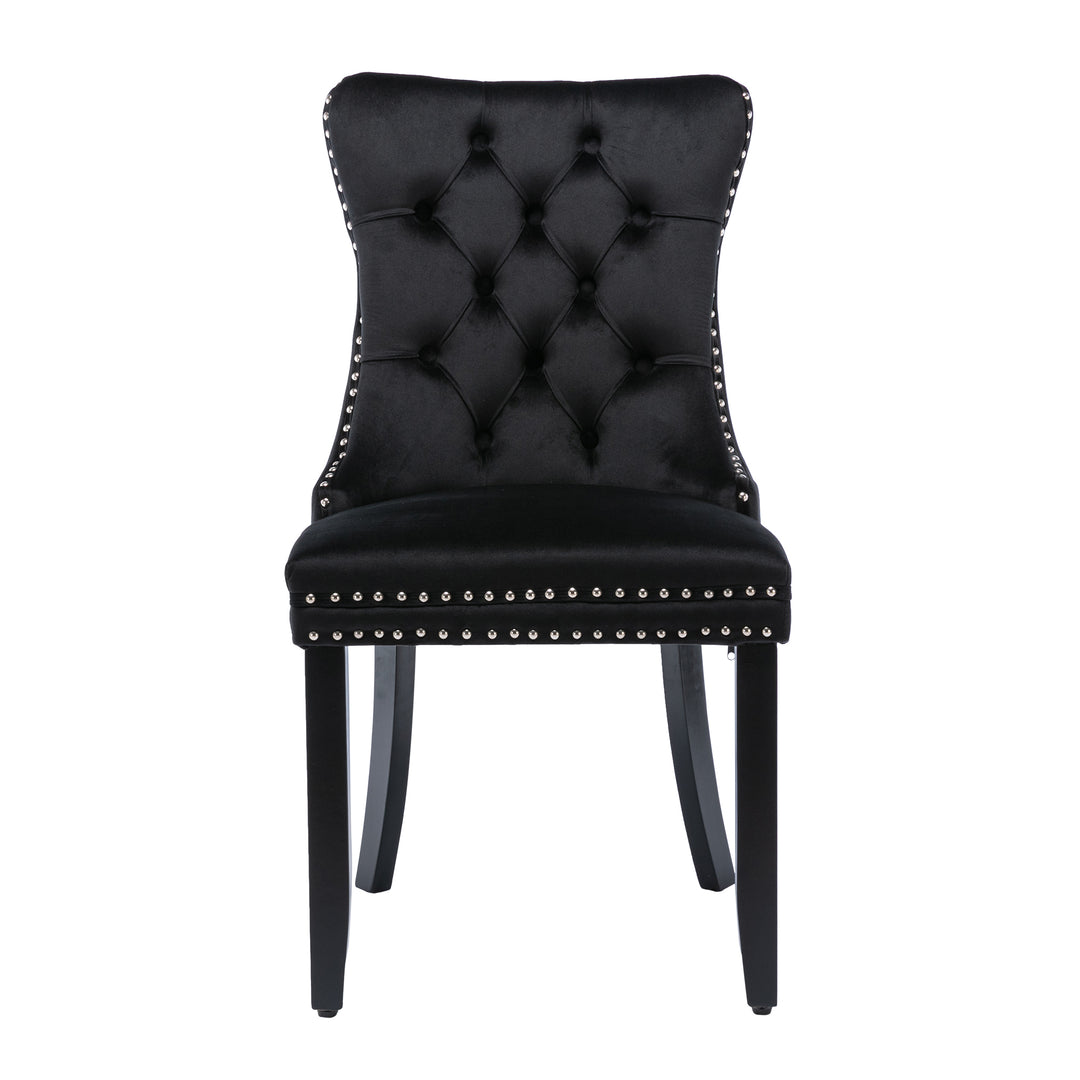 Set of 4 dining chairs velvet black tufted with solid wood legs, nailheads and back chrome ring BREEZEOLOGY