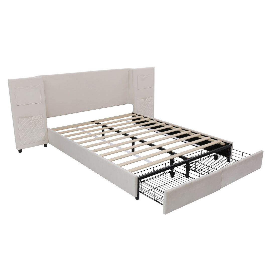 Beige velvet upholstered double bed (135×190cm) 2 drawers and storage pockets PORE