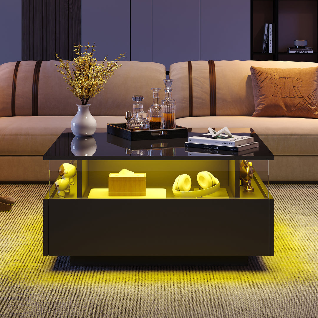 Modern LED light high gloss black square coffee table with 2 drawers THERAPY