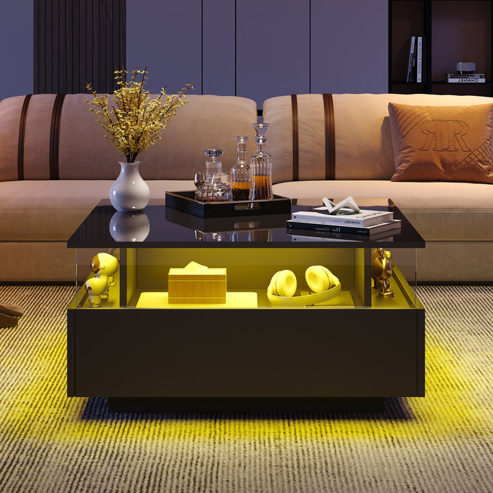 Modern LED light high gloss black square coffee table with 2 drawers THERAPY