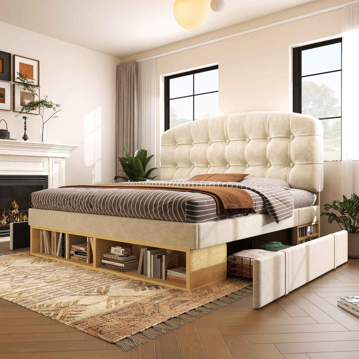 Double Bed Frame with Storage Drawers Velvet Upholstered, 135x190cm, Beige, No Mattress BEDRESIN