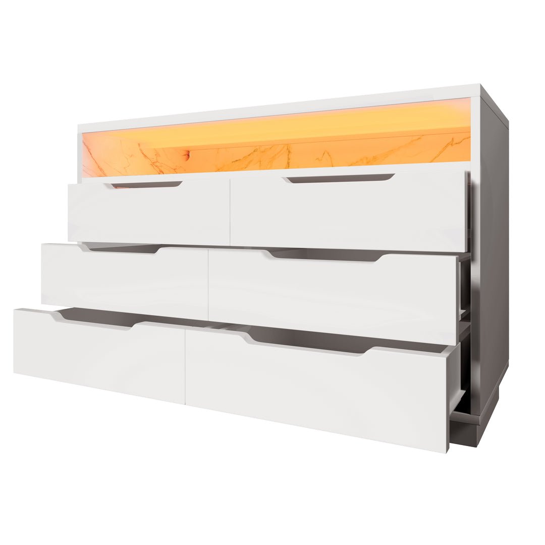 White marbled look 6-drawer sideboard with LED lighting MAGNETOPAUS