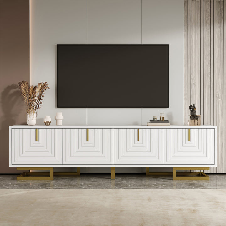 Modern luxury white TV stand textured geometric design with gold accents VIGOURE