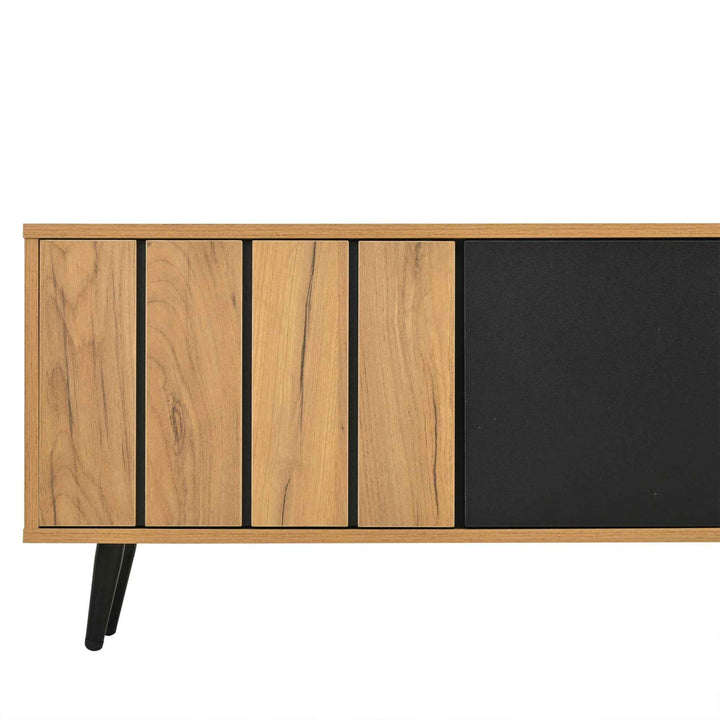 TV stand cabinet wood look & black, 3 doors glass shelf FLAREKRYOS