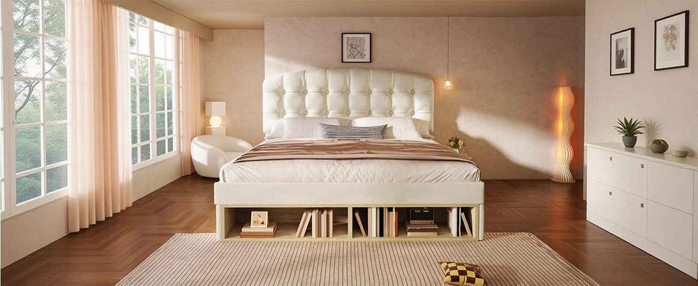 King Size Upholstered Bed Frame with Storage Drawers, Adjustable Headboard, Velvet, Beige, 150x200cm, Space-Saving Modern Design