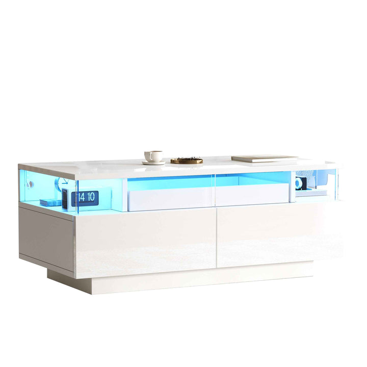 White high gloss coffee table with LED lights, 2 drawers, pull-out tray FLAREVORNAX
