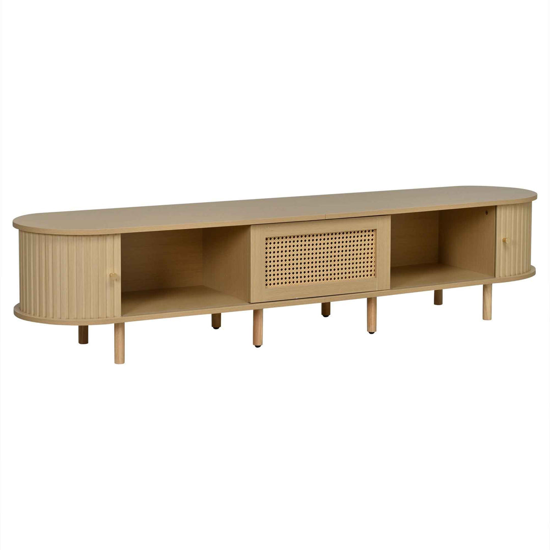 TV stand light wood 1 rattan drawer & 2 sliding doors, rounded corners 180cm