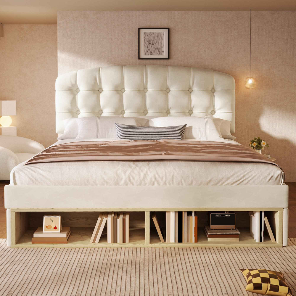 Double Bed Frame with Storage Drawers Velvet Upholstered, 135x190cm, Beige, No Mattress BEDRESIN