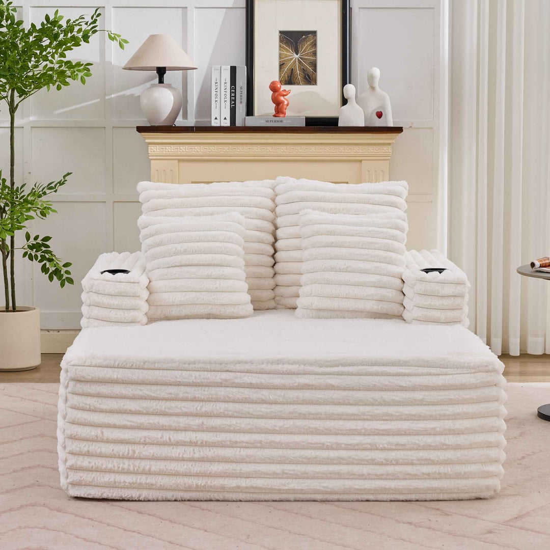 00+缺图 Chaise Lounge Sofa Bed, White Plush Faux Fur Foam Convertible Sleeper with 2 Pillows URBANWOODMAX