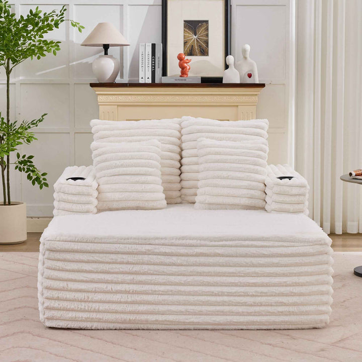 00+缺图 Chaise Lounge Sofa Bed, White Plush Faux Fur Foam Convertible Sleeper with 2 Pillows URBANWOODMAX