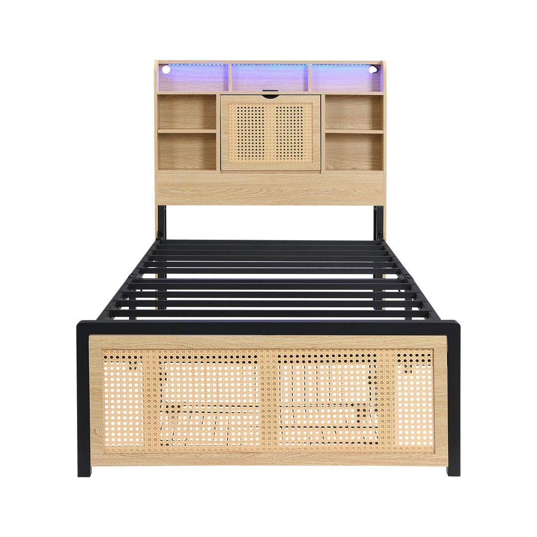 Wooden single bed with headboard storage, rattan drawer and LED lighting (90×190cm) GALLAPHID