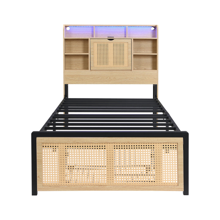 Wooden single bed with headboard storage, rattan drawer and LED lighting (90×190cm) GALLAPHID