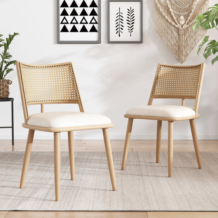 Set of 2 retro PU beige backrest rattan design accent dining chairs LONGITUDINALCREST