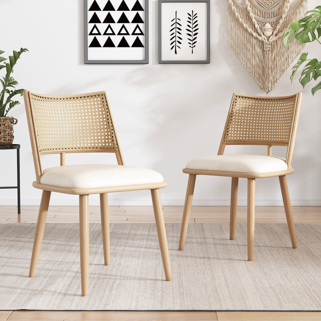 Set of 4 beige faux leather dining chairs and backrest in rattan PLAGE
