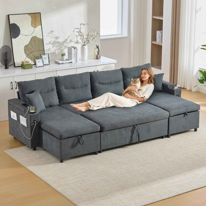00+缺图 4-Seater Linen Fabric Sofa, Dark Grey, 272 cm, Dual Chaise Sleeper with Storage TRUNKSET