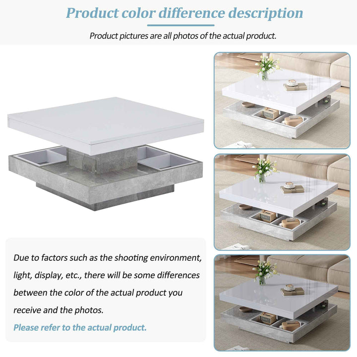 Rotating 360° white high-gloss coffee table marble-patterned, double-layer storage FLARENEXUSA