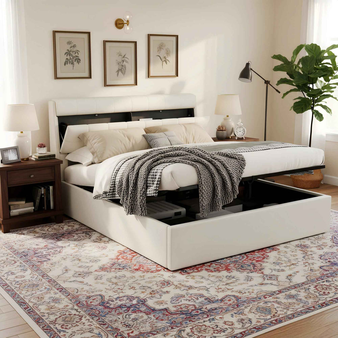 Double ottoman bed frame PU cream white headboard storage no mattress 135x190cm