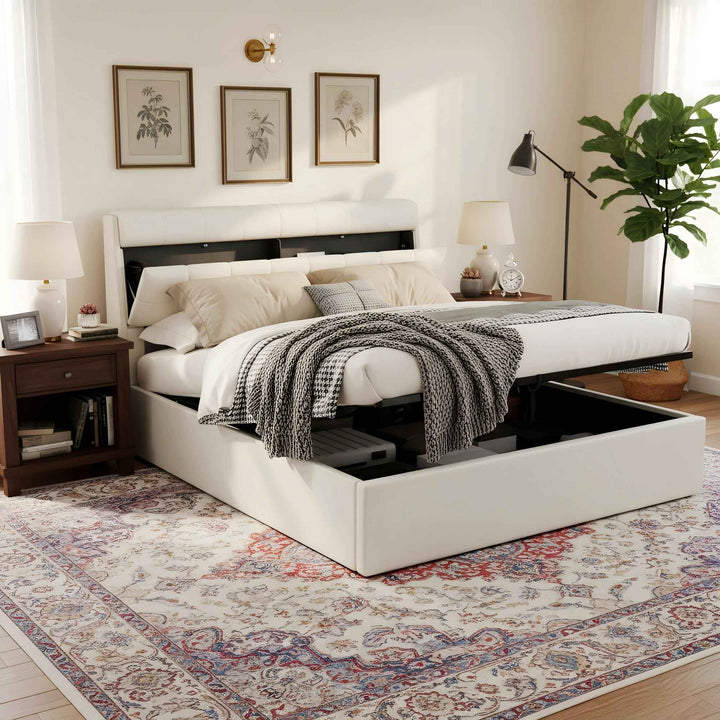 Double ottoman bed frame PU cream white headboard storage no mattress 135x190cm