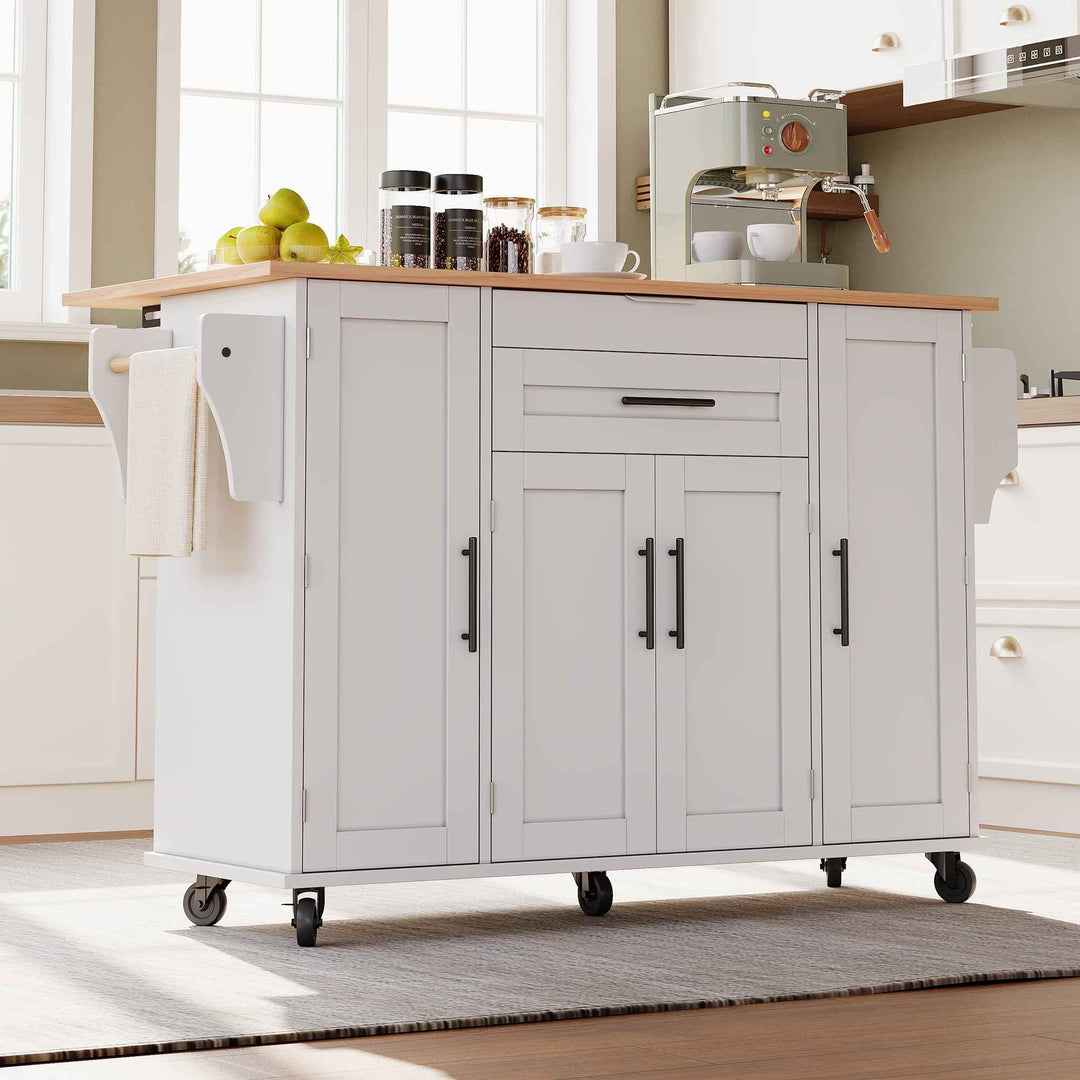 00+Kitchen Island on Wheels, White & Natural MDF, Foldable Tabletop, Adjustable Shelves, Storage Cabinets Rolling Trolley for Dining Room VERTEXZYR