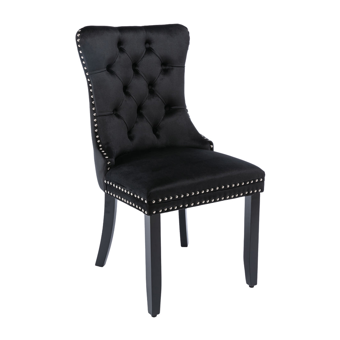 Set of 4 dining chairs velvet black tufted with solid wood legs, nailheads and back chrome ring BREEZEOLOGY