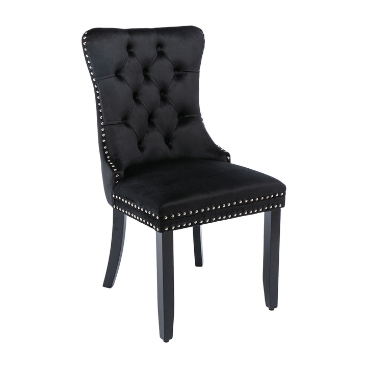 Set of 4 dining chairs velvet black tufted with solid wood legs, nailheads and back chrome ring BREEZEOLOGY