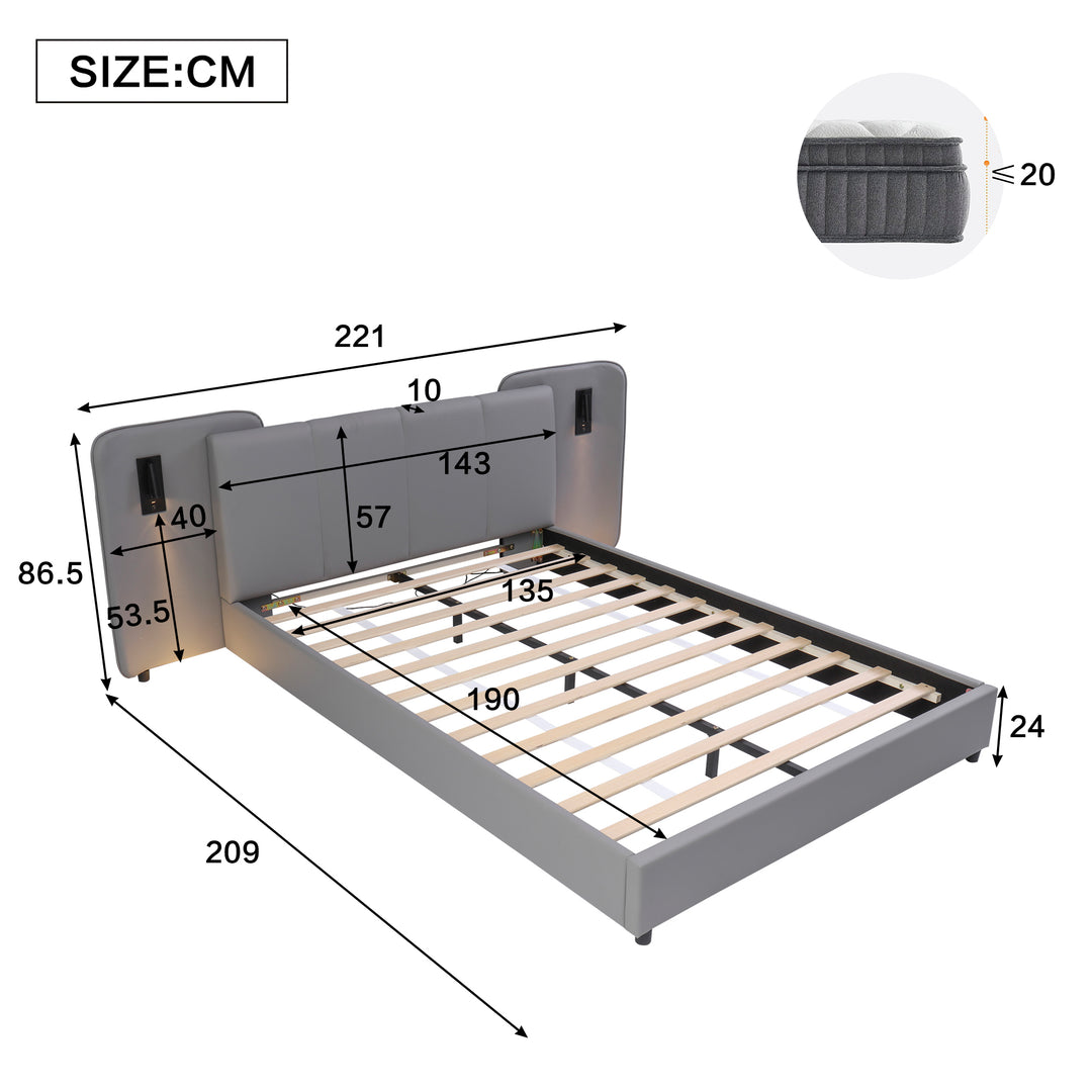 Grey PU upholstered double bed with charging port, 2 bedside lamps 135×190cm PASTUREBEARD